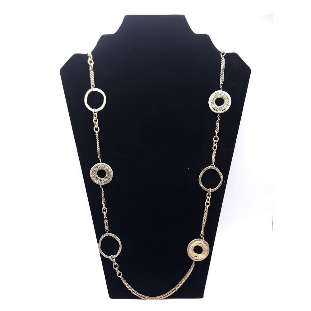 LOFT Gold Tone Rope Chain Long Mesh and Hammered Circle Necklace 38" Boho